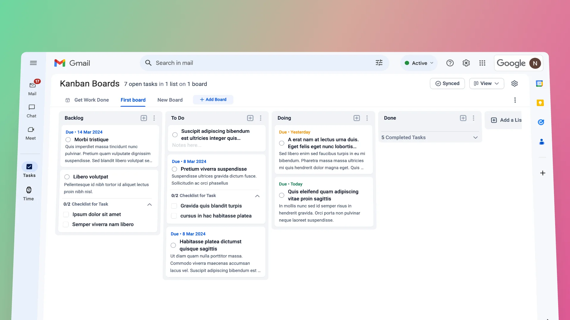 Showing the Kanban Task Application with a filled Kanban Board integrated in Google Workspace