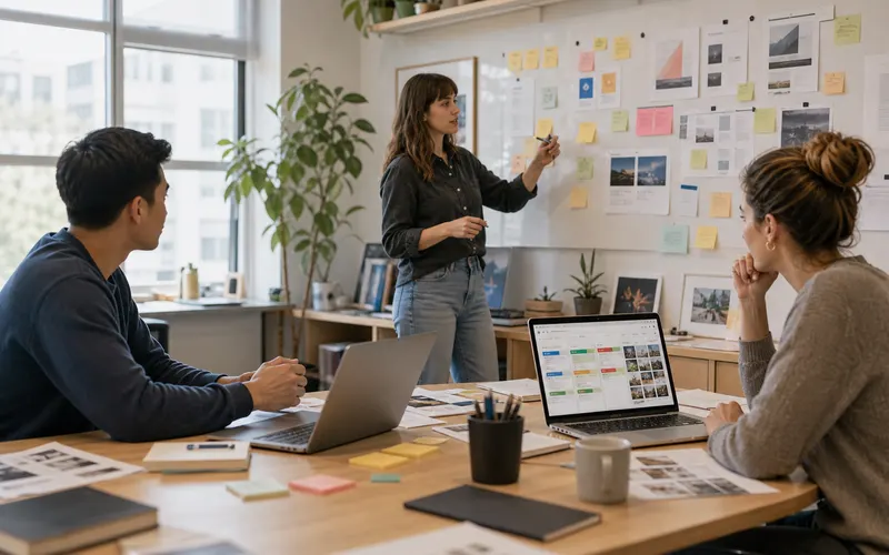 Agency team coordinating multiple client projects in a creative studio