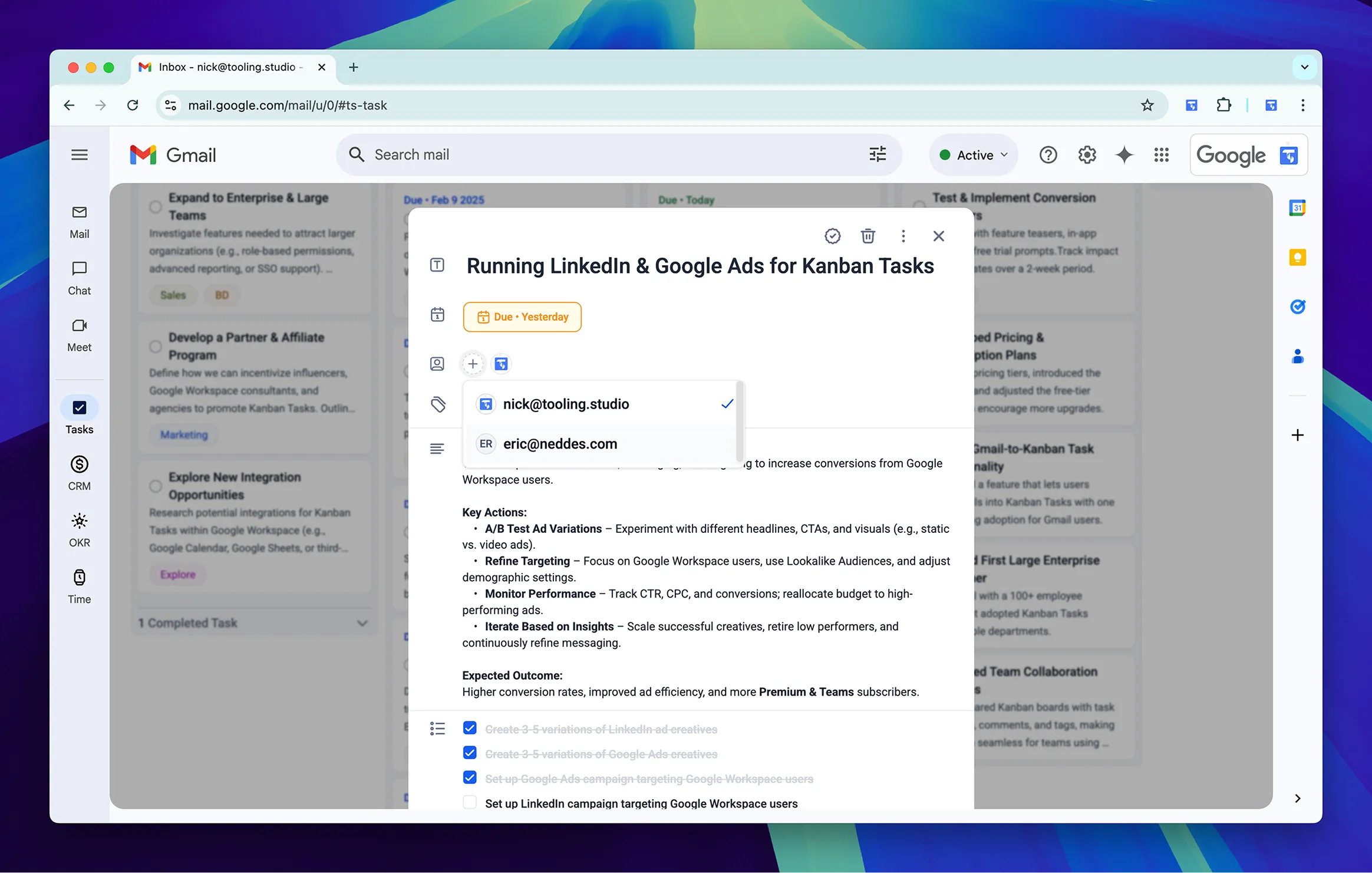 Kanban task details with an assignee and due date inside Gmail