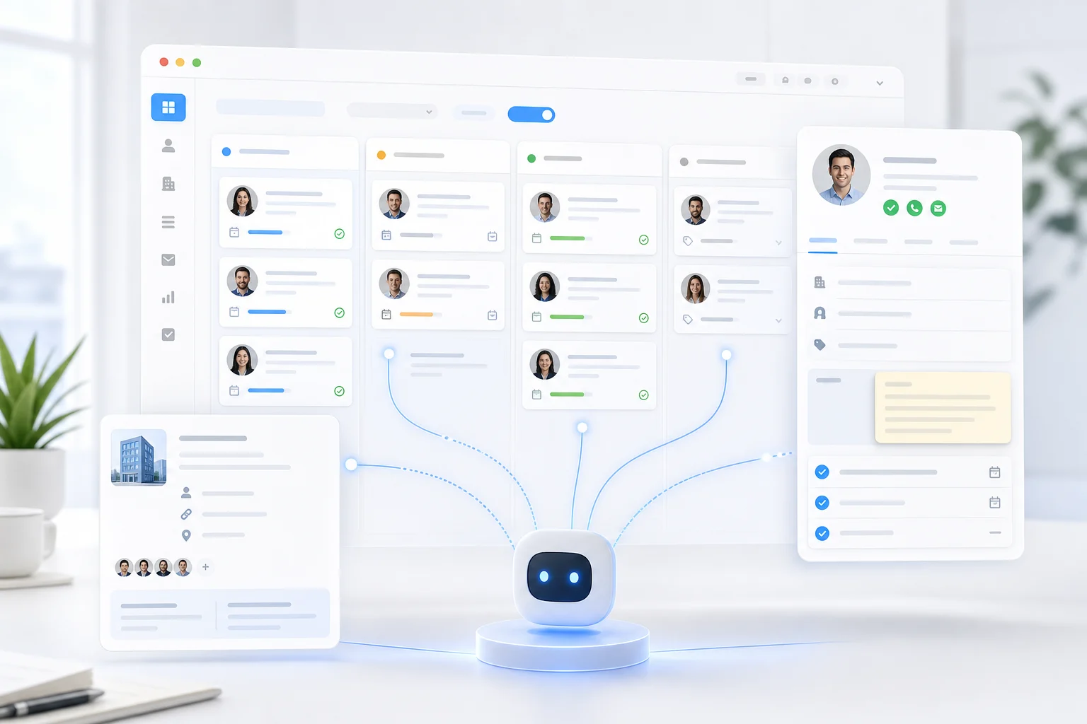 AI assistant connected to a CRM pipeline with contacts, deals, notes, and follow-up tasks