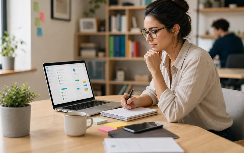 Independent professional managing client work from a laptop in a coworking space