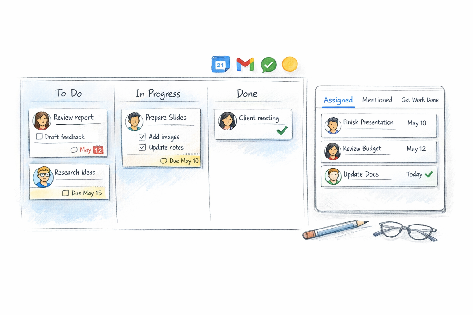 Illustrated shared task board with Assigned, Mentioned, and Get Work Done views