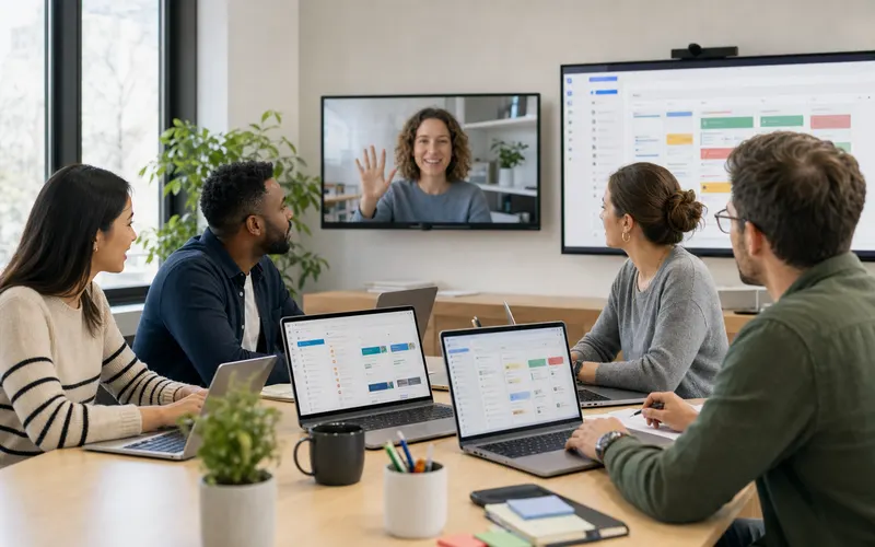Hybrid team coordinating email, meetings, files, and shared tasks in a bright workspace