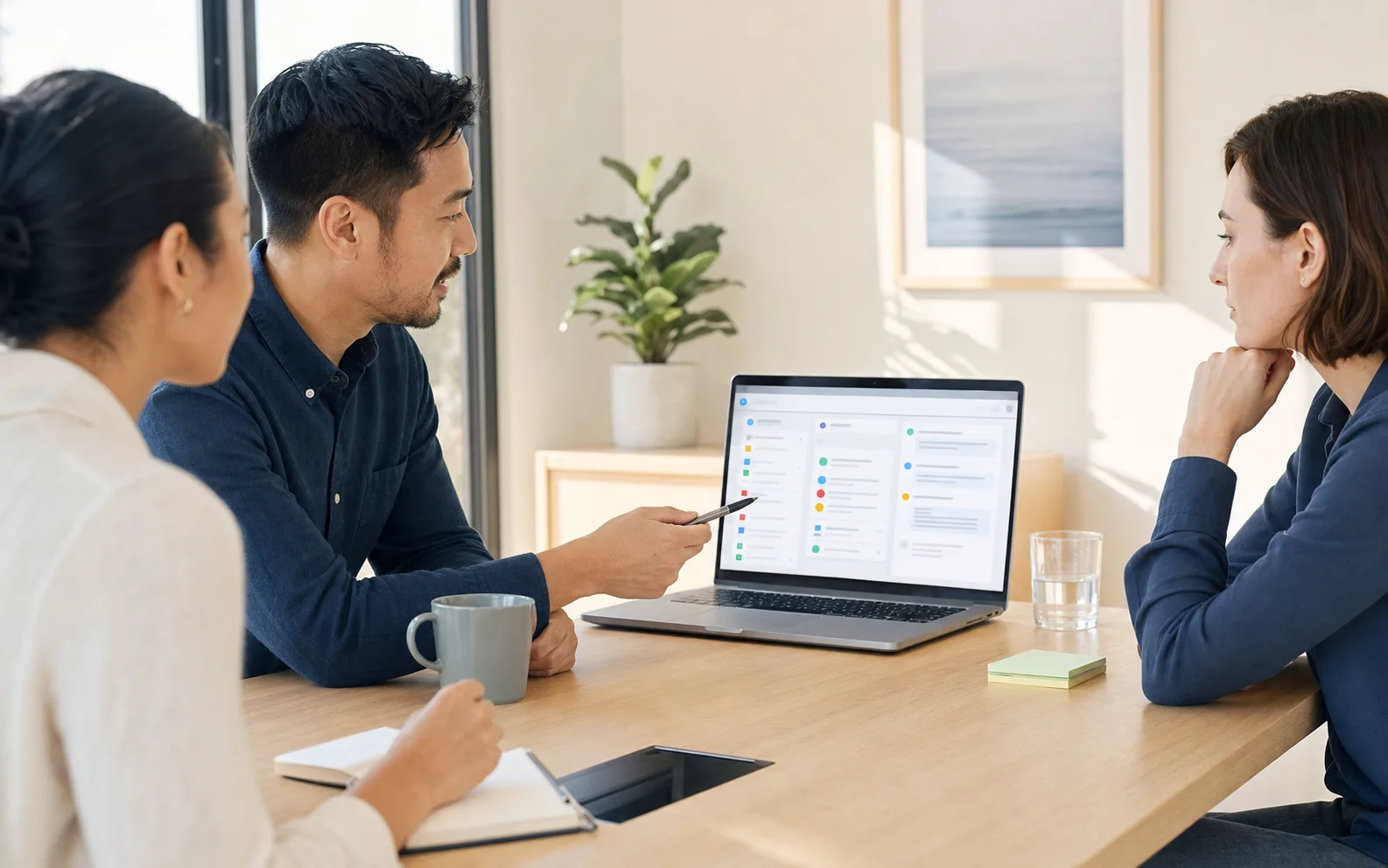 Team reviewing an AI-assisted workflow in a bright office