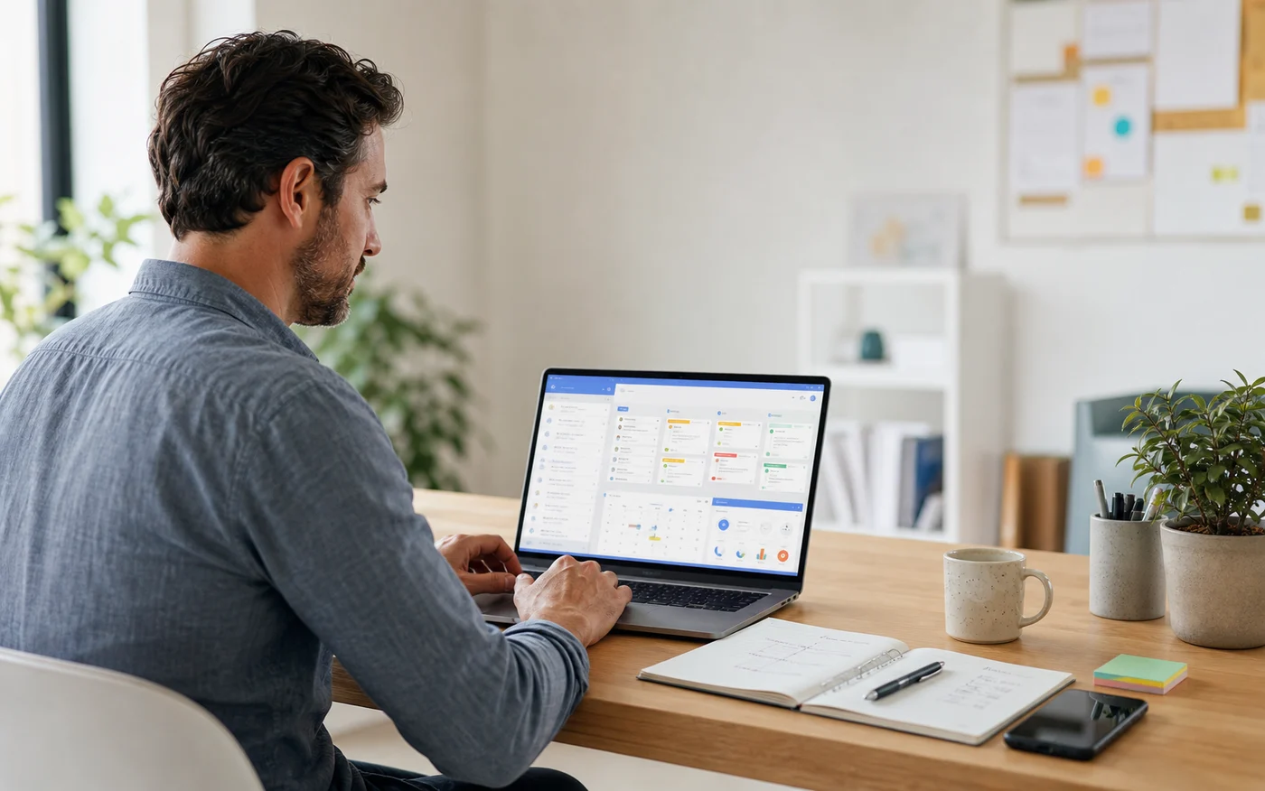 Independent professional managing client projects from a laptop in a bright workspace