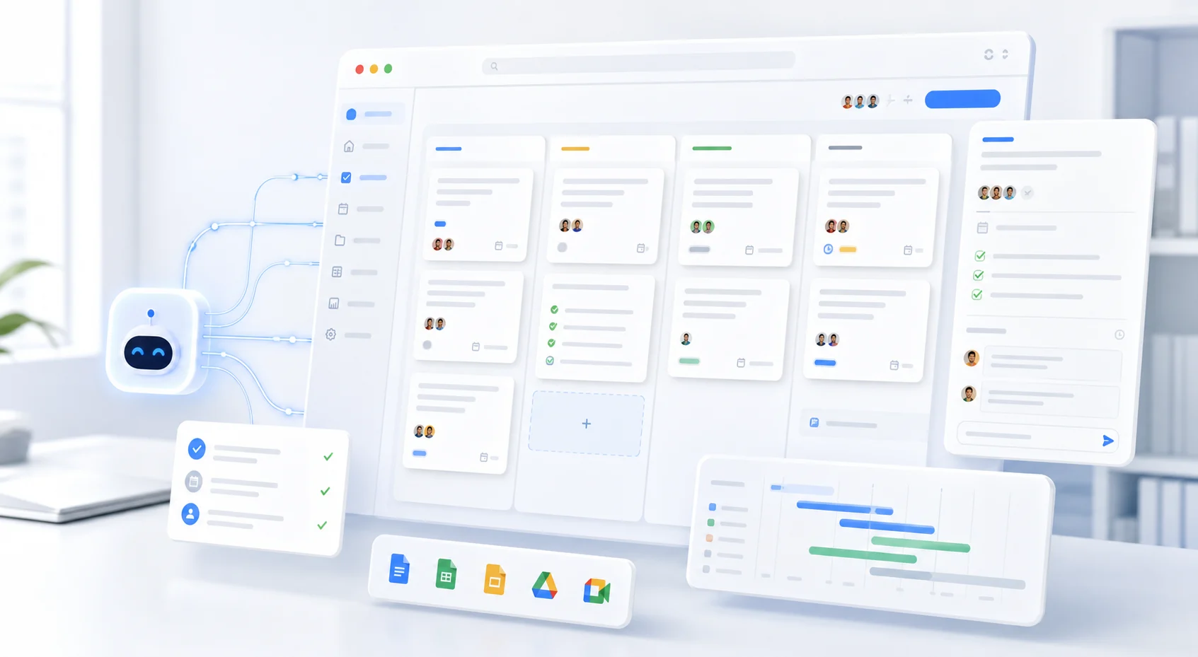 AI assistant connected to a Kanban project board with tasks, checklists, and due dates