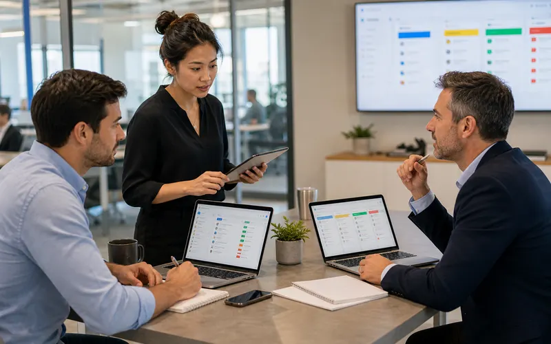 Sales team reviewing pipeline follow-ups from inbox-style tools in a huddle room