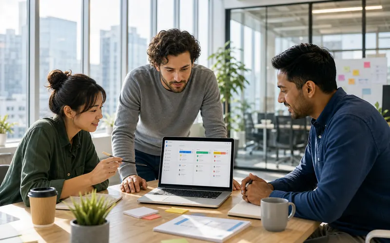 Founder and operations lead reviewing lightweight productivity software in a startup workspace