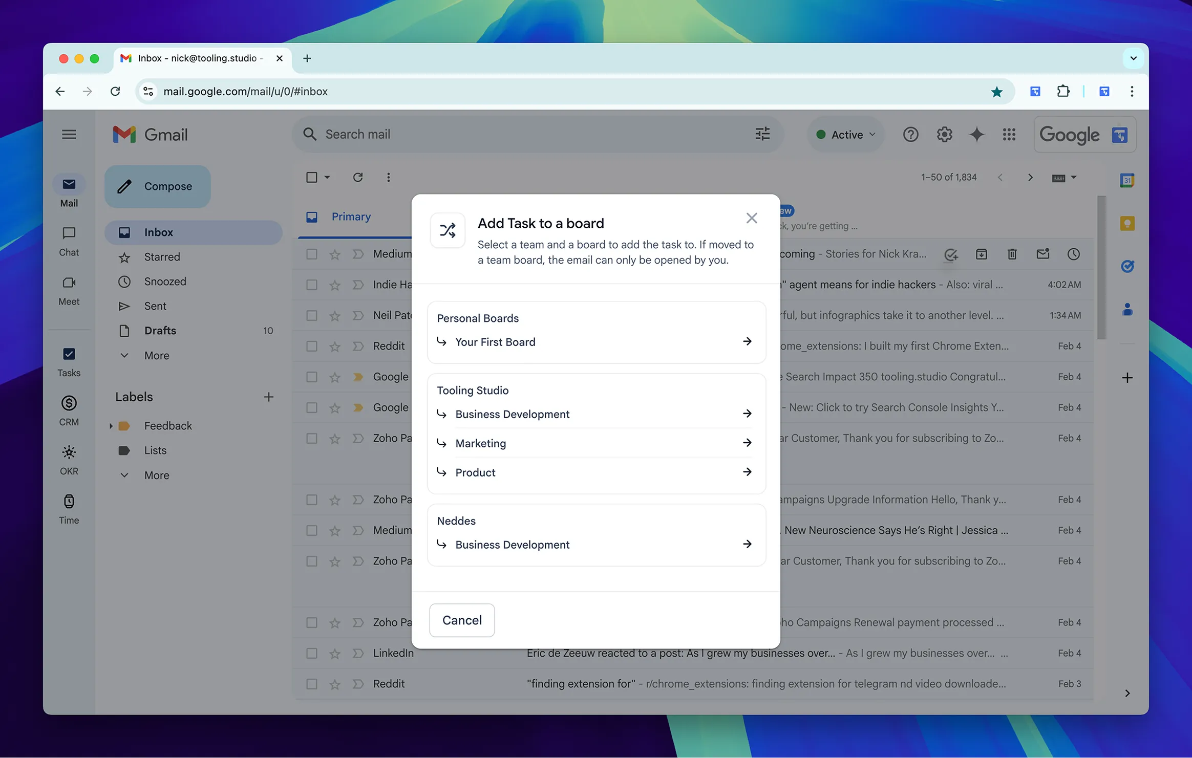 Choosing a Kanban Tasks board while creating a task from Gmail