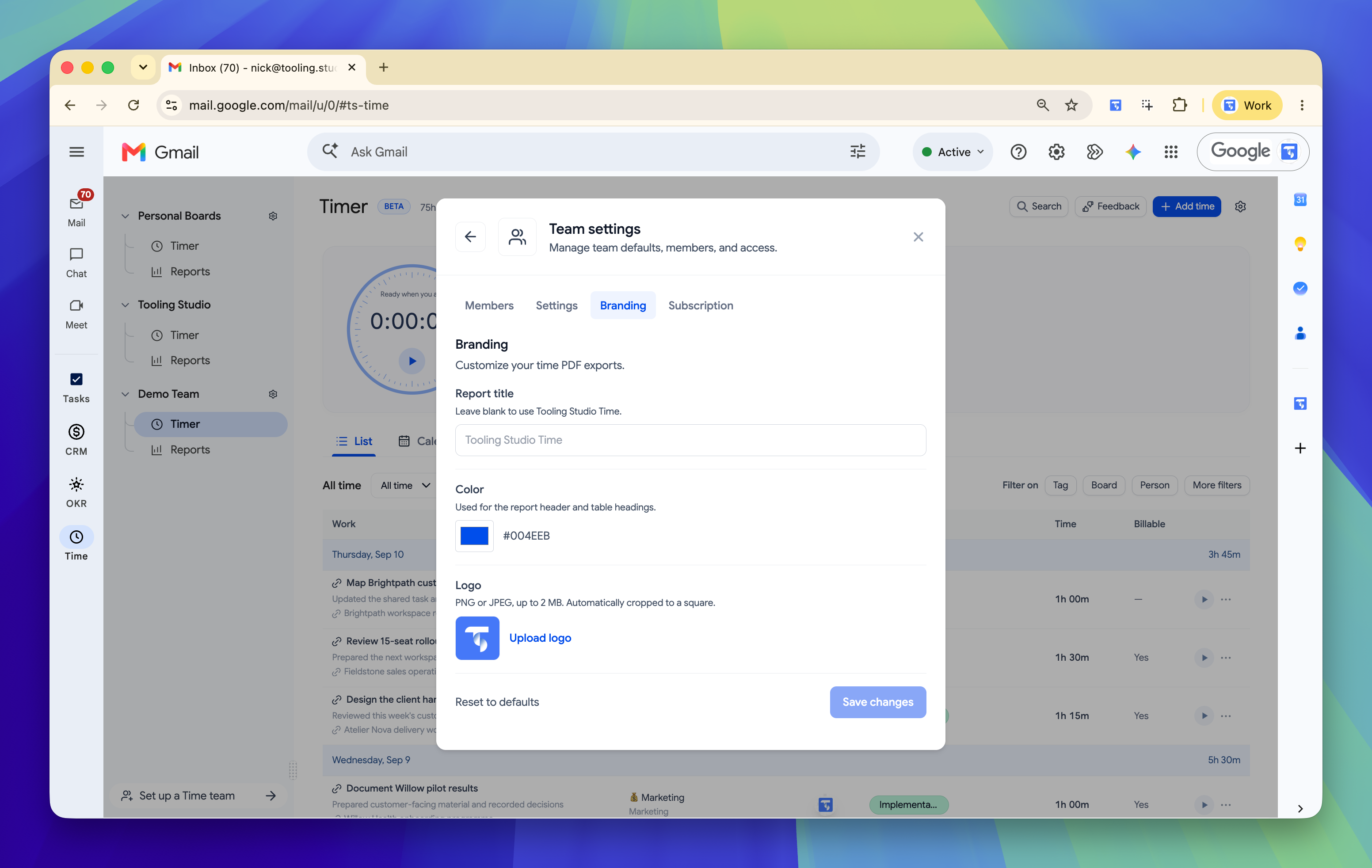 Time branding settings in Gmail with report title, brand colour, and logo options