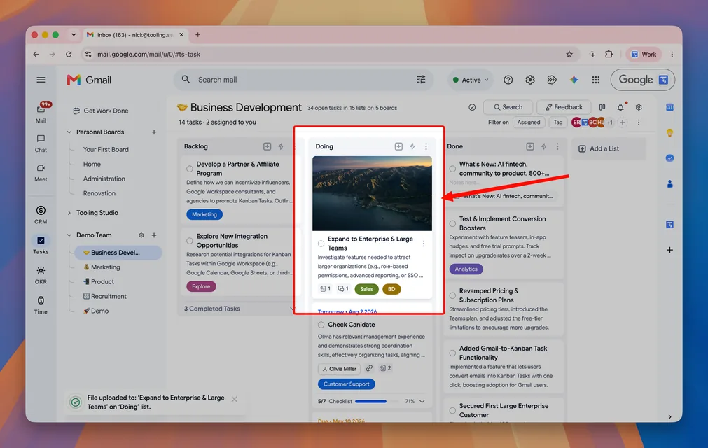Tooling Studio Kanban board in Gmail showing a task card with a full-width image cover