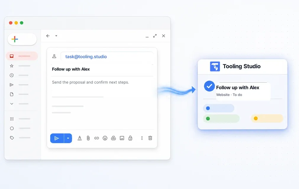 An email flowing into a completed Tooling Studio task