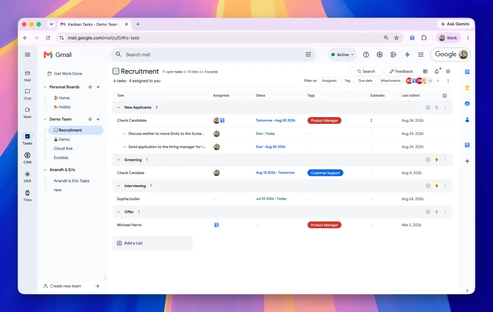 Tooling Studio Kanban table view in Gmail showing task filters, assignees, dates, tags, and subtasks