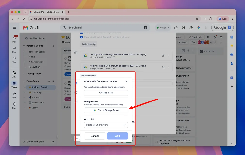 Tooling Studio attachment menu in Gmail with the new Find in Google Drive option highlighted