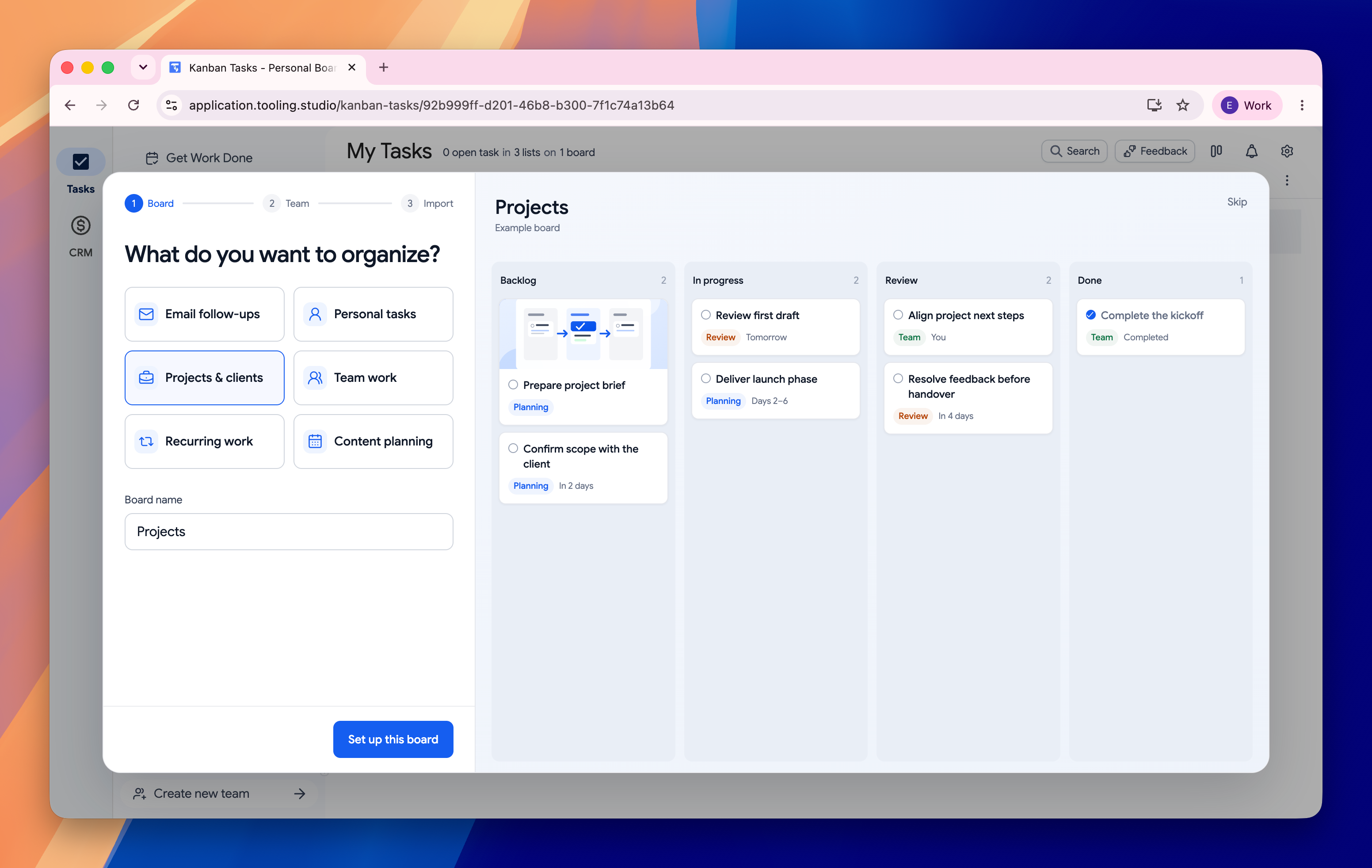 Tooling Studio guided setup with workflow choices and a Projects board preview showing sample tasks