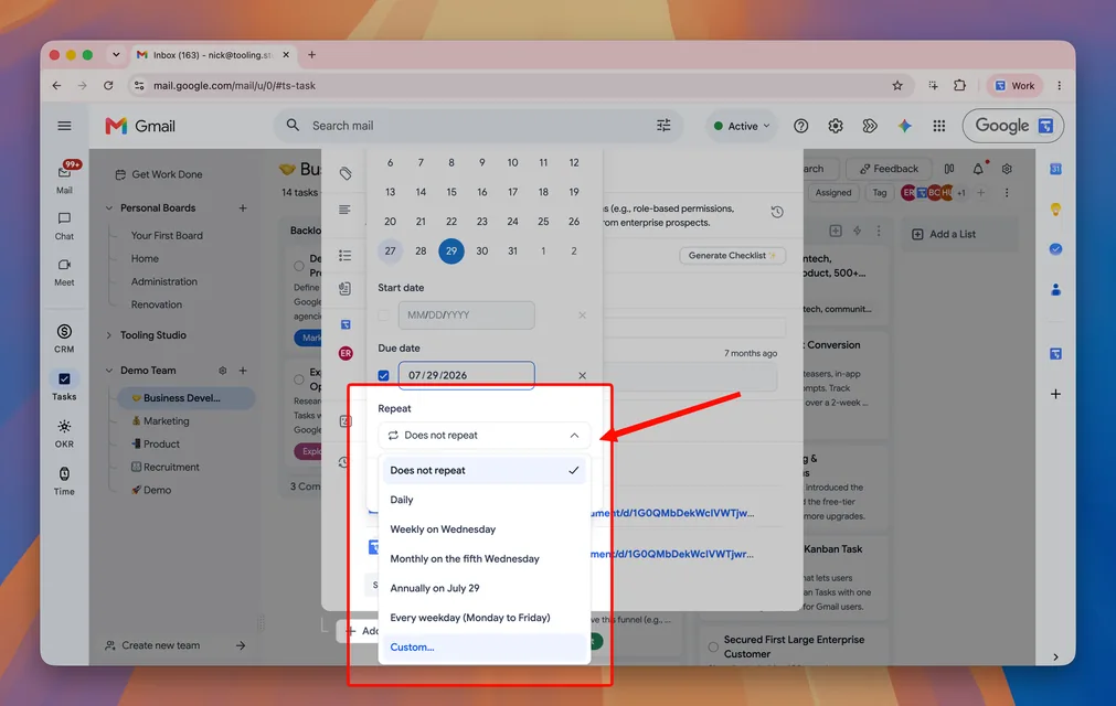 Tooling Studio recurring task menu in Gmail showing daily, weekly, monthly, yearly, weekday, and custom repeat options