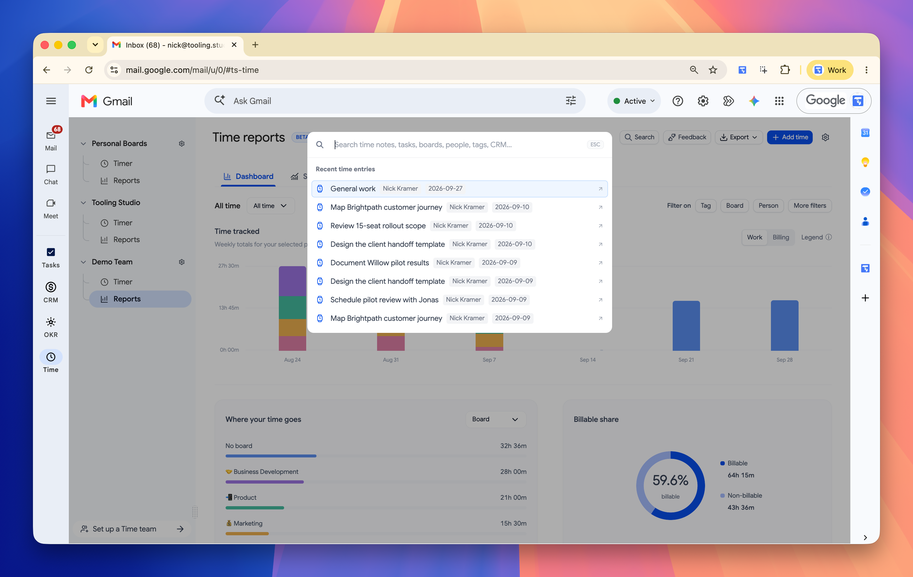 Time search in Gmail showing recent time entries alongside a report dashboard