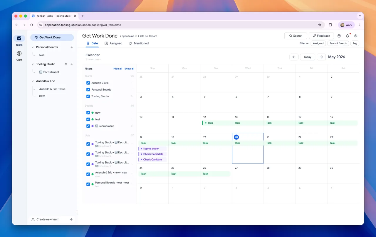 Tooling Studio calendar view showing dated tasks in Get Work Done