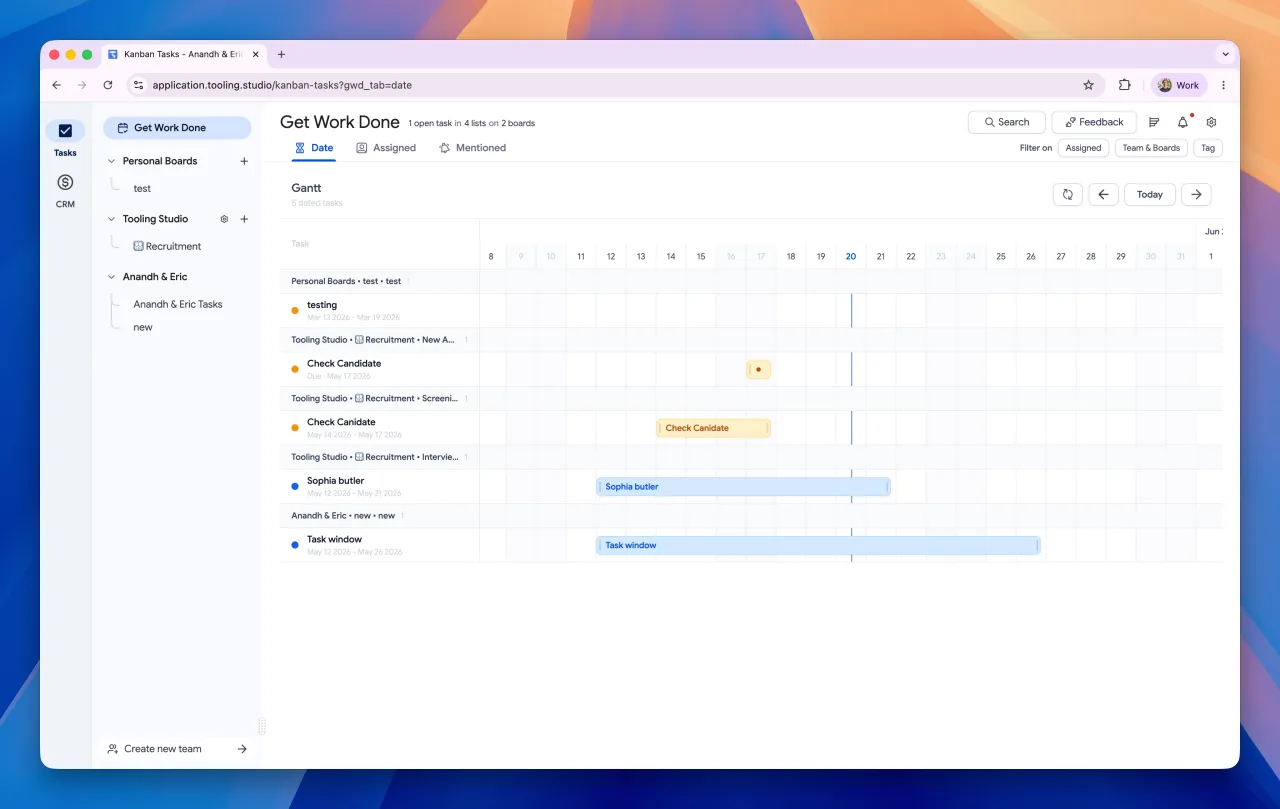 Tooling Studio Gantt view showing dated tasks on a timeline